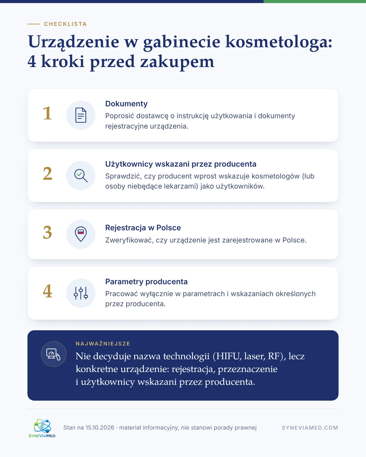 Urządzenie w gabinecie kosmetologa – 4 kroki Cztery kroki sprawdzenia urządzenia przed zakupem: dokumenty, użytkownicy wskazani przez producenta, rejestracja w Polsce, praca w parametrach producenta